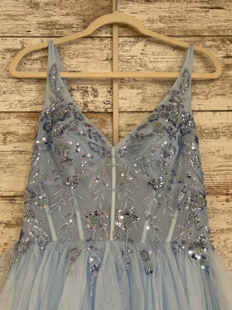 BLUE RUFFLED A LINE GOWN