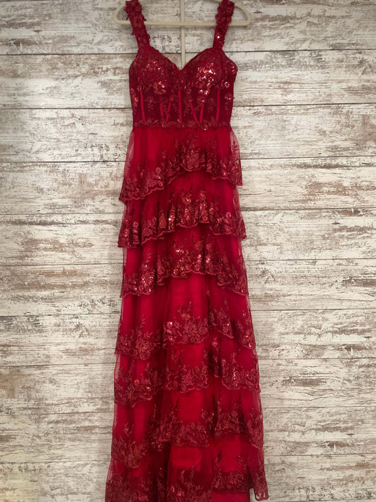 RED/FLORAL TIERED A LINE DRESS