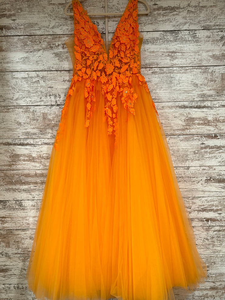 ORANGE/FLORAL A LINE GOWN $850
