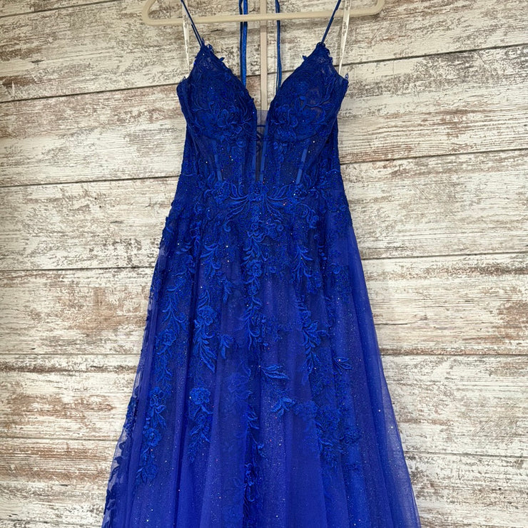 ROYAL BLUE/FLORAL A LINE GOWN