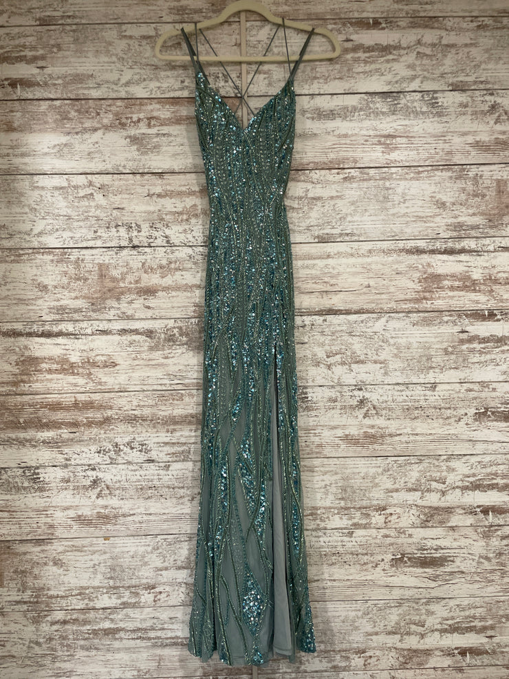 GREEN BEADED LONG EVENING GOWN