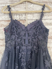 BLUE/GRAY FLORAL A LINE GOWN