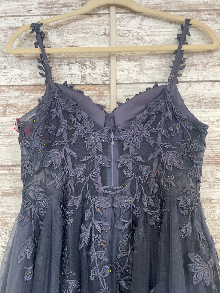 BLUE/GRAY FLORAL A LINE GOWN