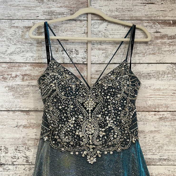 BLUE SPARKLY A LINE GOWN