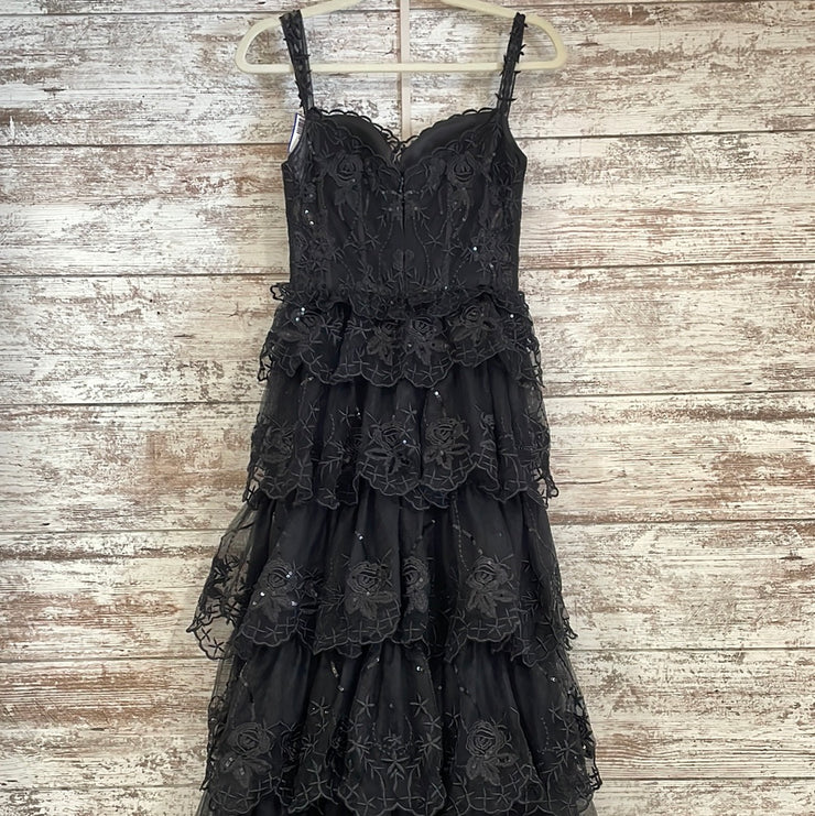 BLACK RUFFLED A LINE GOWN