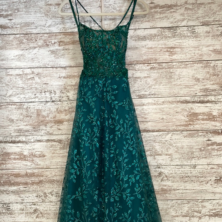 GREEN SPARKLY A LINE GOWN