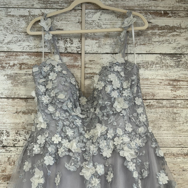 GRAY/FLORAL A LINE GOWN
