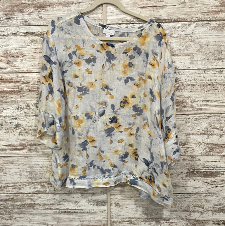 WHITE/FLORAL 100% LINEN TOP