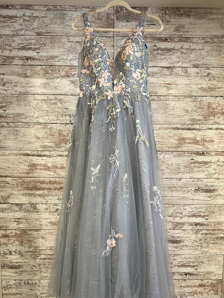 GRAY/FLORAL A LINE GOWN