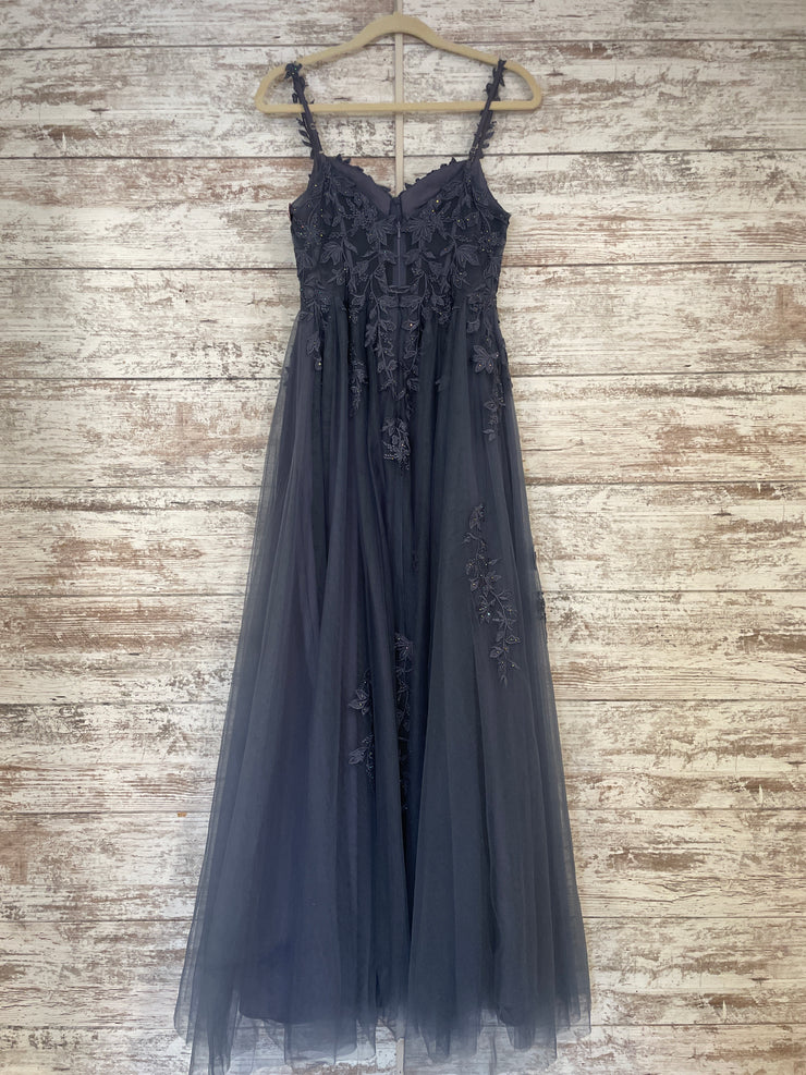 BLUE/GRAY FLORAL A LINE GOWN