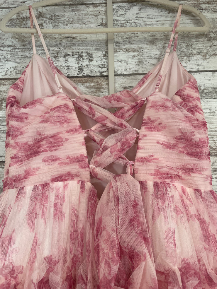 PINK/WHITE RUFFLED A LINE GOWN