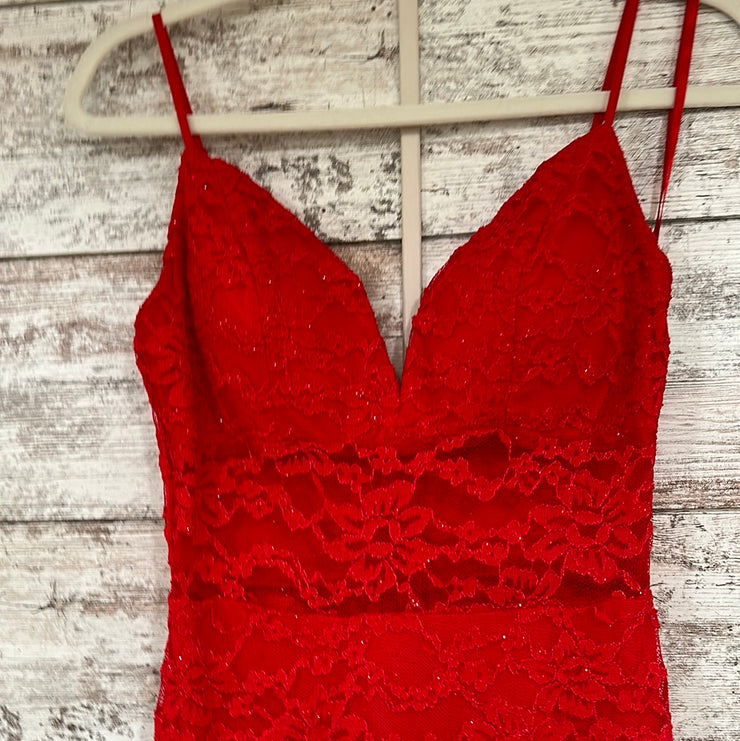 RED LACE LONG EVENING GOWN