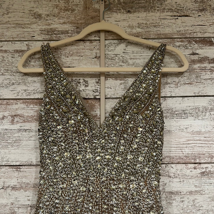 TAN/SILVER BEADED LONG GOWN