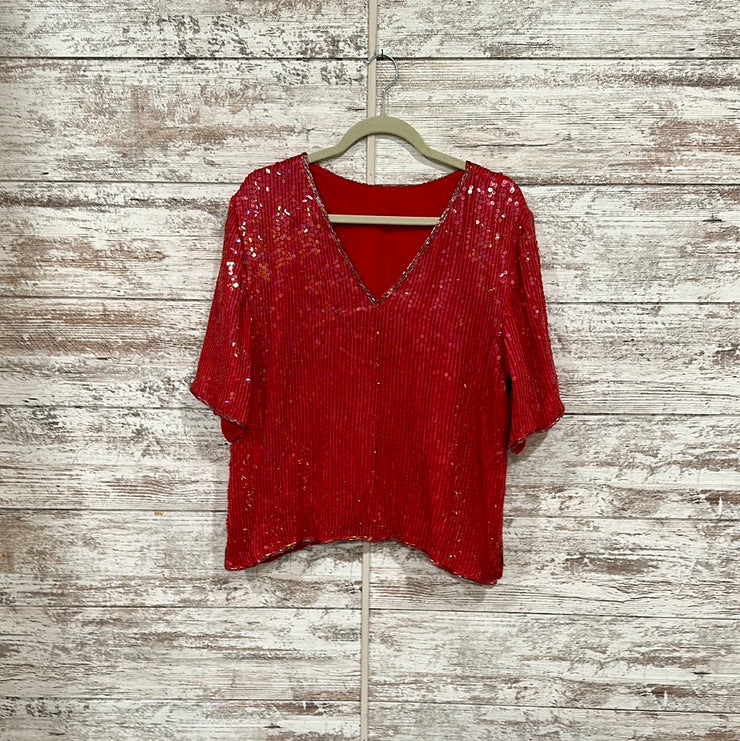 RED SILK SEQUIN TOP