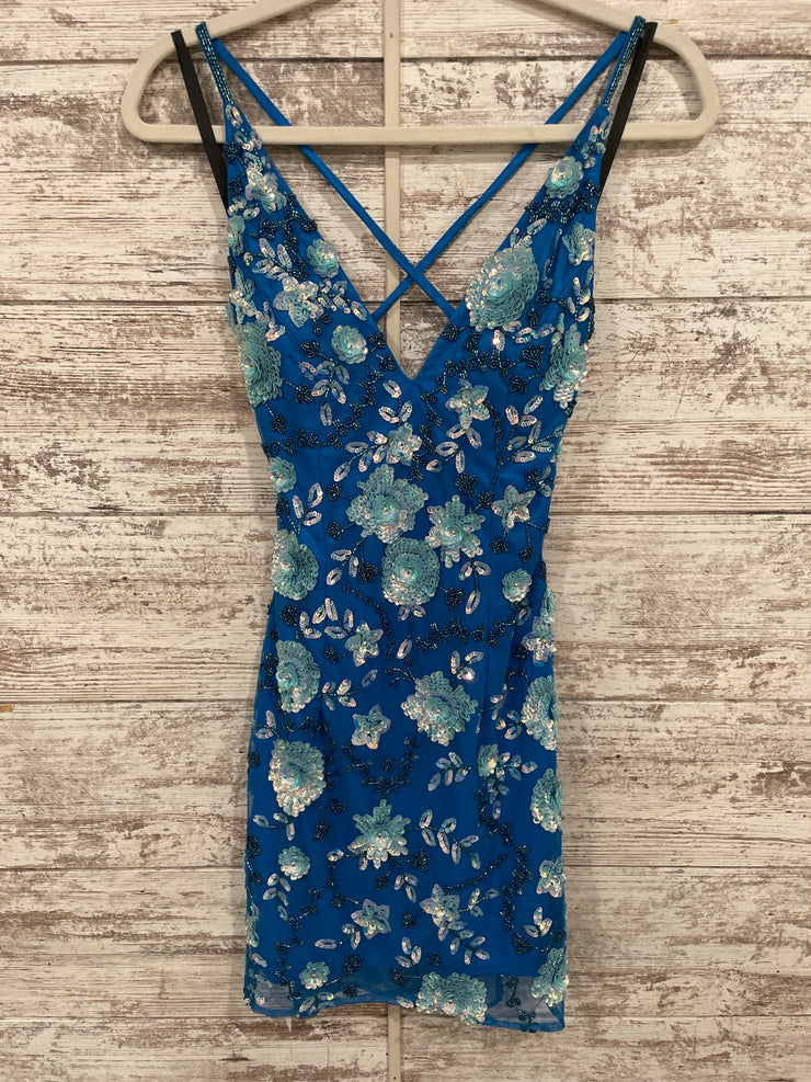 BLUE/FLORAL SEQUIN SHORT DRESS