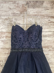 NAVY RUFFLED A LINE GOWN