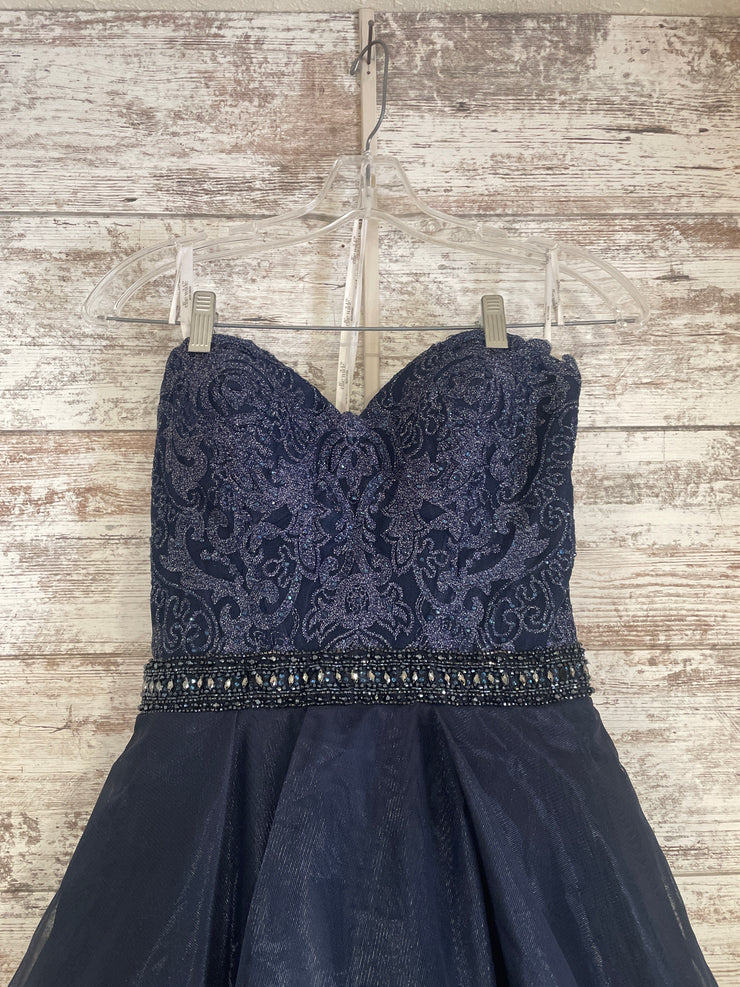 NAVY RUFFLED A LINE GOWN