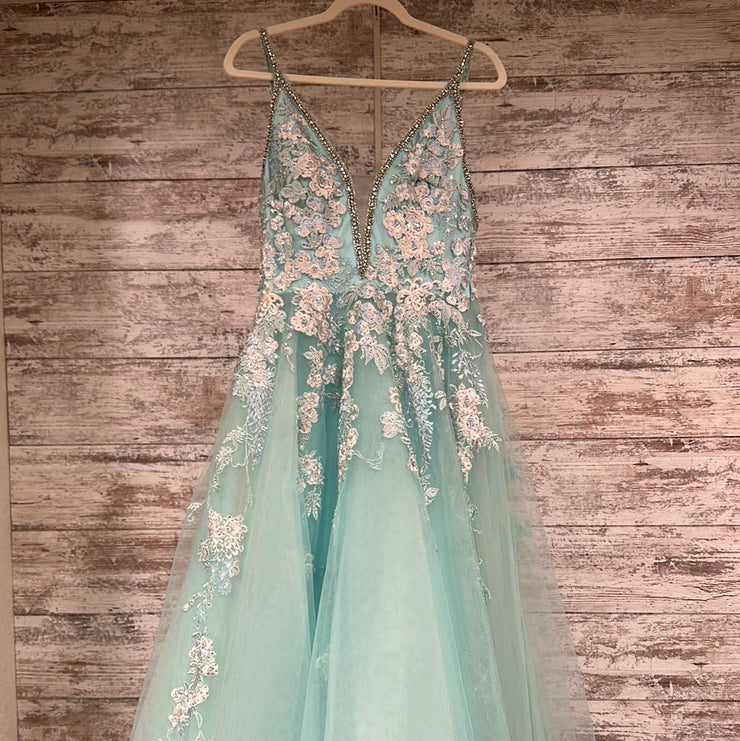 BLUE/GREEN FLORAL A LINE GOWN