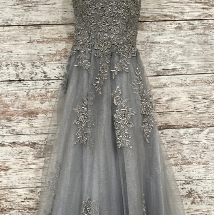 GRAY/FLORAL A LINE GOWN