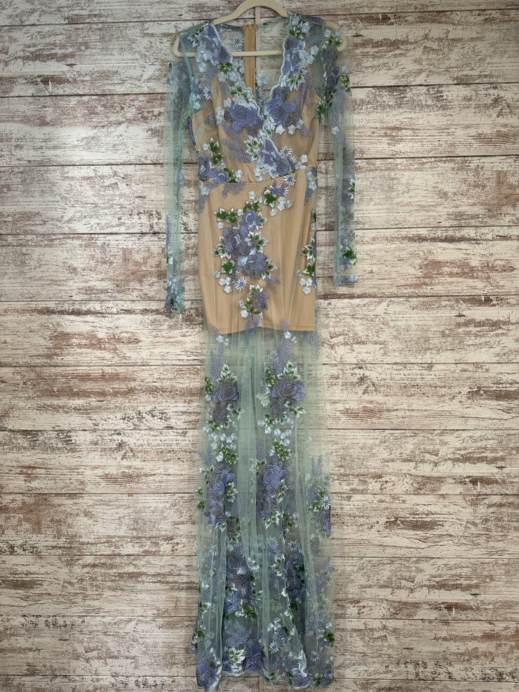 BLUE/TAN FLORAL LONG DRESS-NEW