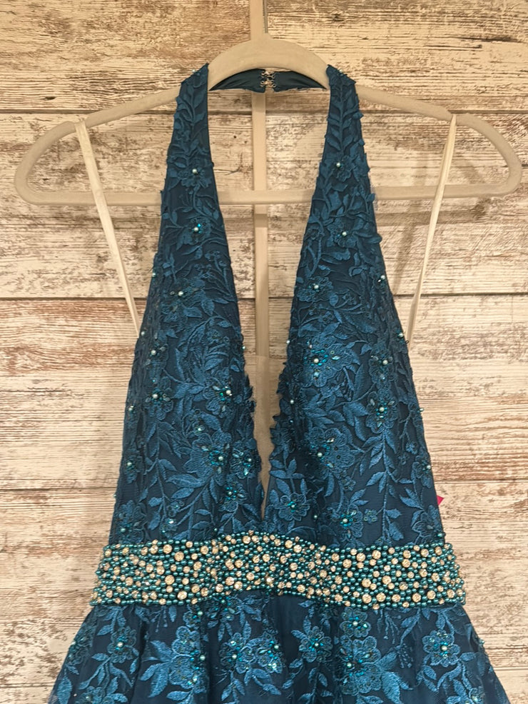 TEAL/FLORAL A LINE GOWN