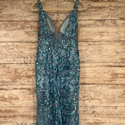 BLUE/FEATHER SPARKLY LONG DRES