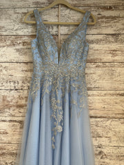 BLUE/SILVER FLORAL A LINE GOWN