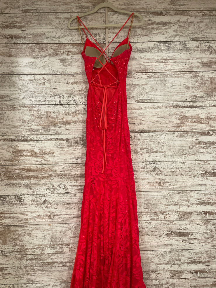 RED LACE LONG EVENING GOWN