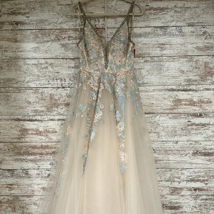 IVORY/BLUE FLORAL A LINE GOWN