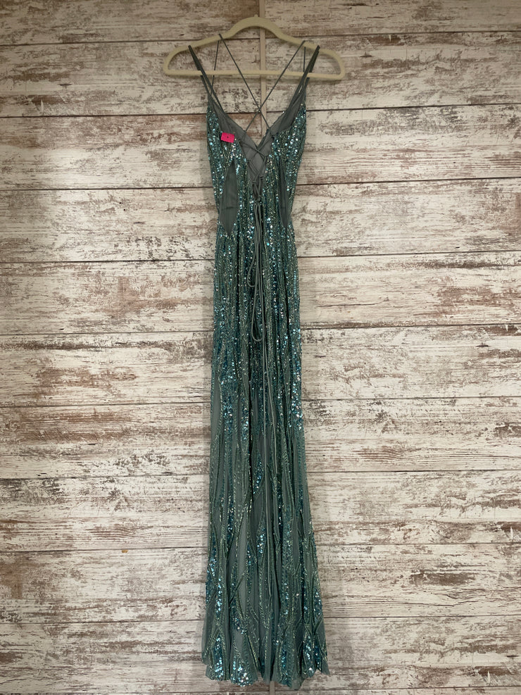 GREEN BEADED LONG EVENING GOWN