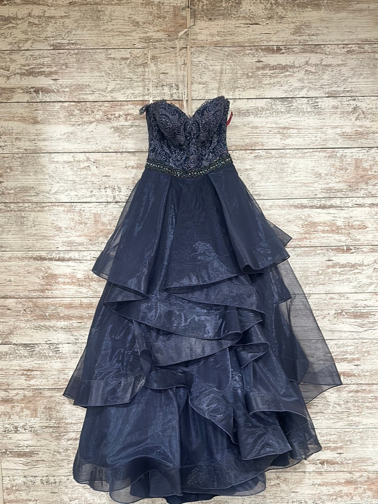 NAVY RUFFLED A LINE GOWN