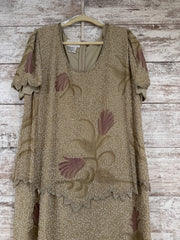 TAN/FLORAL BEADED LONG DRESS