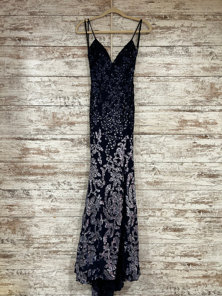 NAVY/SILVER LONG EVENING GOWN