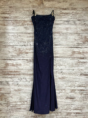 NAVY BEADED LONG EVENING GOWN