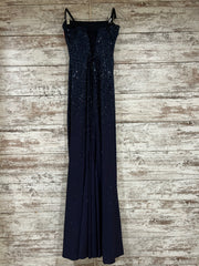 NAVY BEADED LONG EVENING GOWN