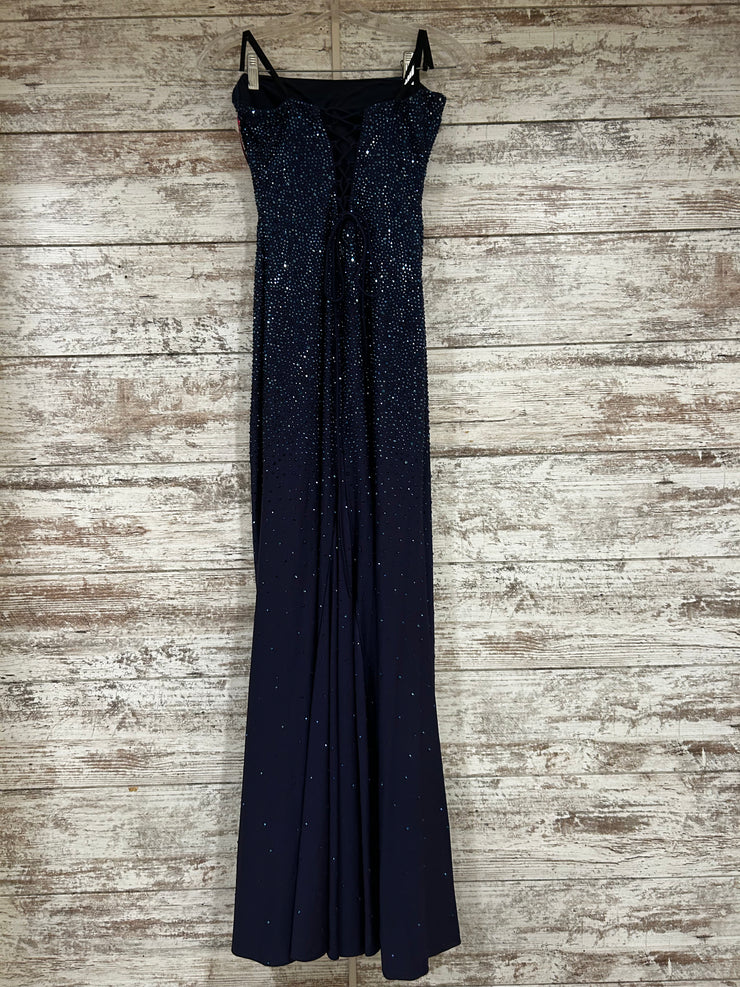 NAVY BEADED LONG EVENING GOWN