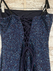 NAVY BEADED LONG EVENING GOWN