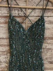 GREEN BEADED LONG EVENING GOWN