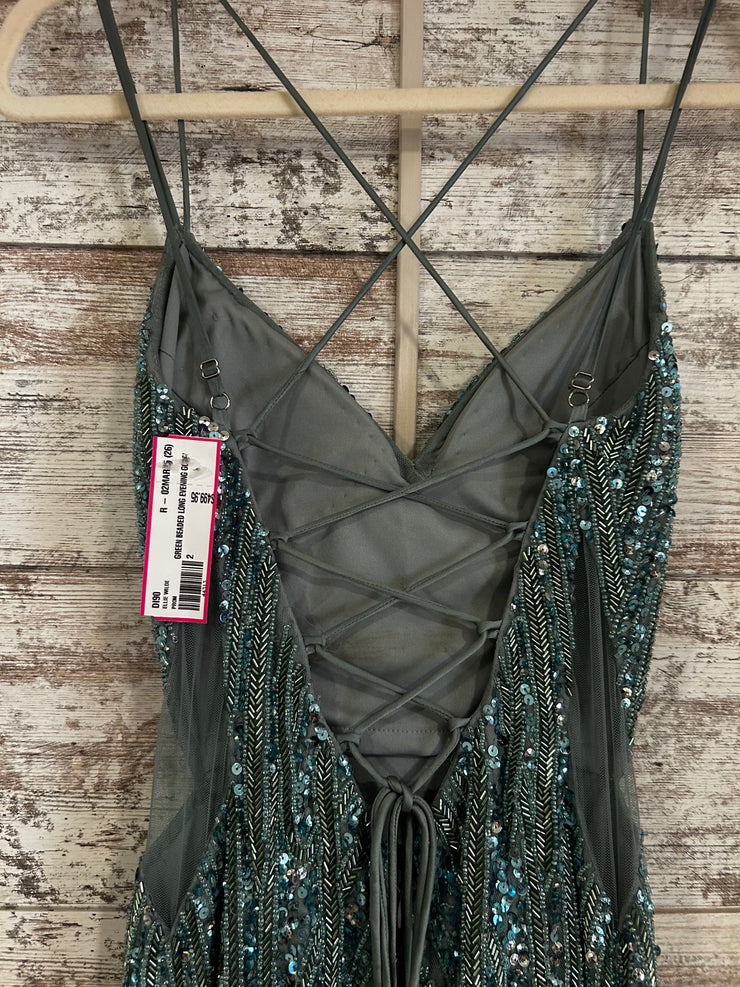 GREEN BEADED LONG EVENING GOWN