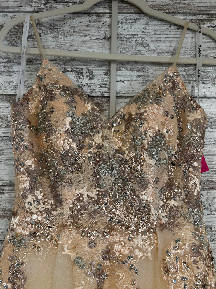 TAN/FLORAL A LINE GOWN