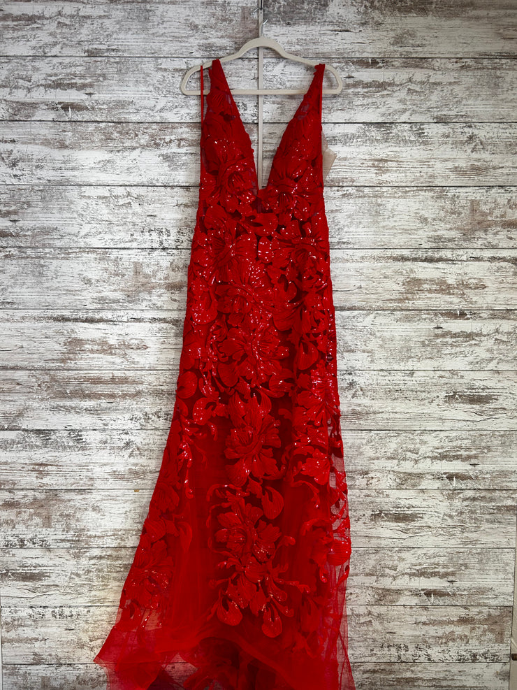 RED FLORAL LONG EVENING GOWN