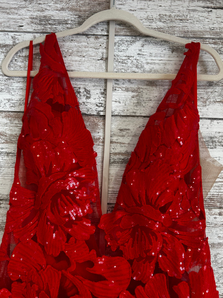 RED FLORAL LONG EVENING GOWN