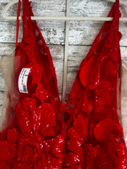 RED FLORAL LONG EVENING GOWN