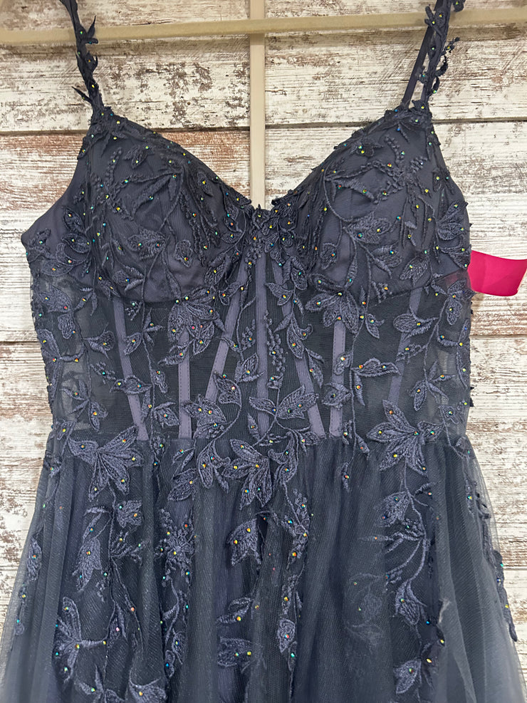 GRAY/BLUE FLORAL A LINE GOWN