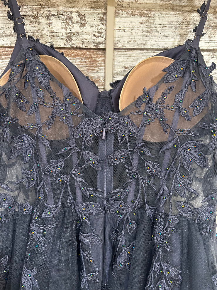 GRAY/BLUE FLORAL A LINE GOWN