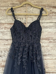 BLUE/GRAY FLORAL A LINE GOWN