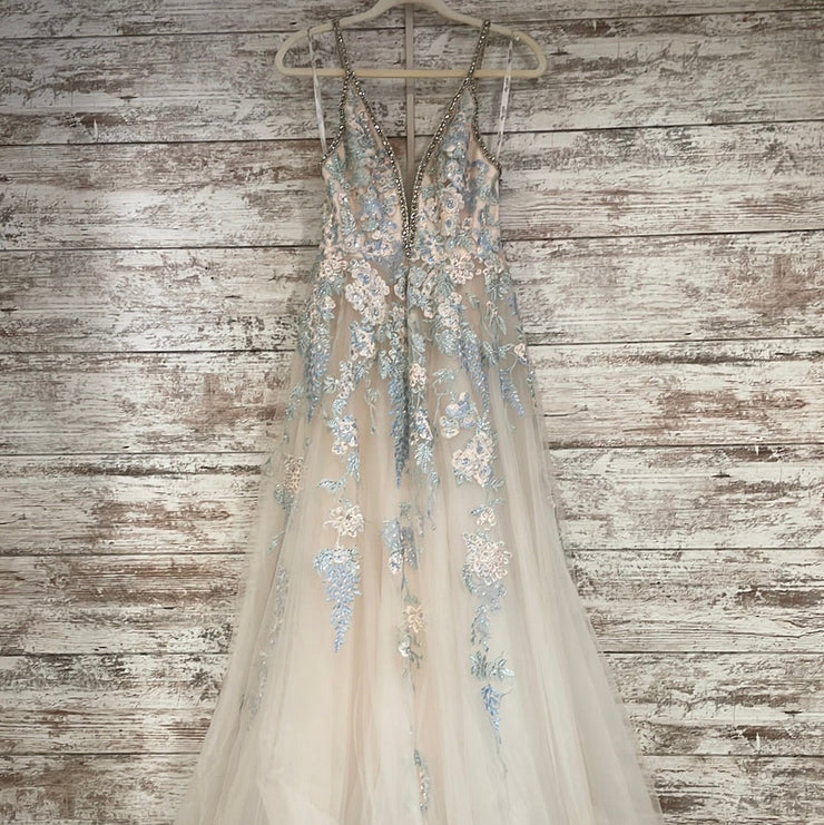 IVORY/BLUE FLORAL A LINE GOWN