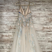 IVORY/BLUE FLORAL A LINE GOWN