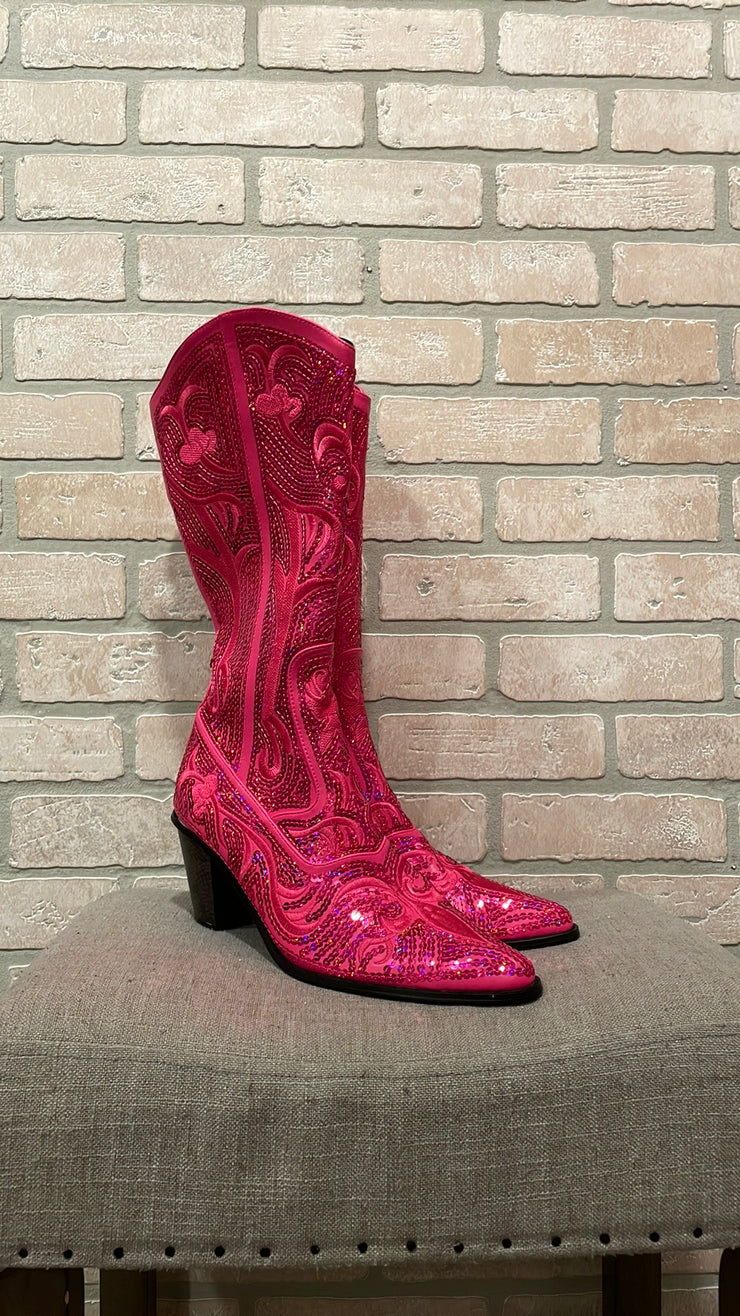 PINK TALL SEQUIN BOOTS-NEW$189