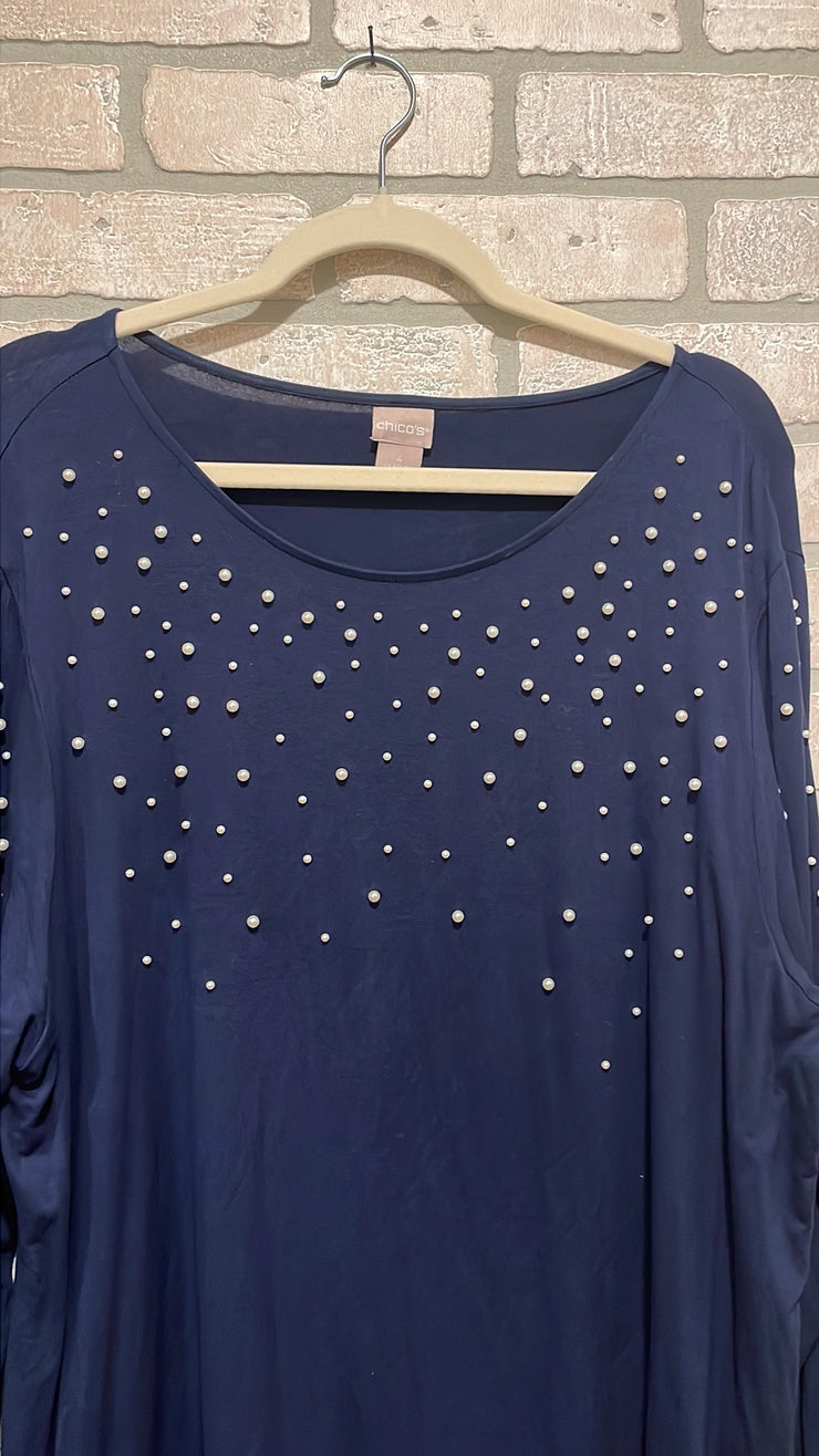 NAVY/PEARL LONG SLEEVE TOP$89